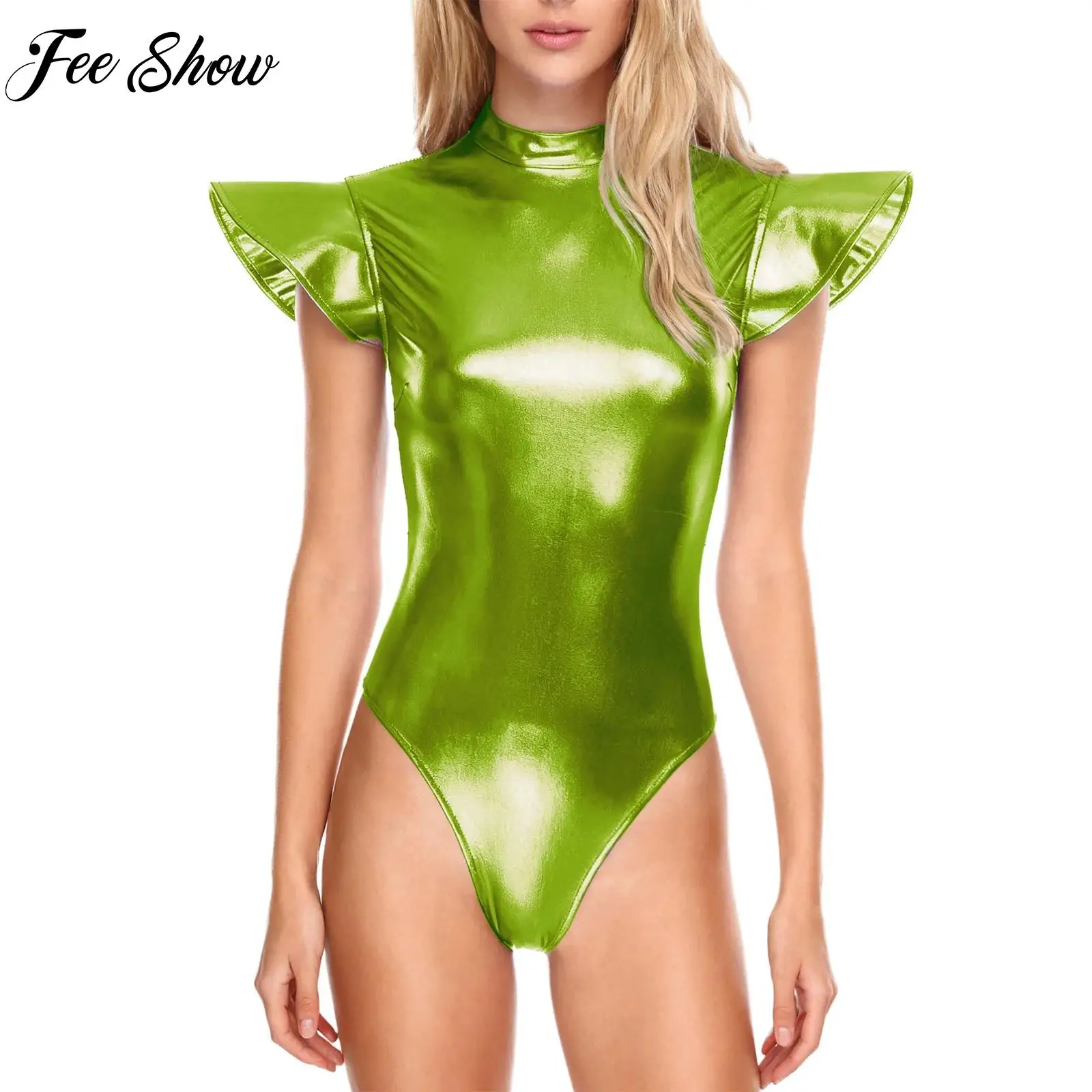 

Womens Metallic Shiny Bodysuit Pool Party Clubwear Fly Sleeve Leotard One-piece Swimwear for Space Cosplay Performance Clothes