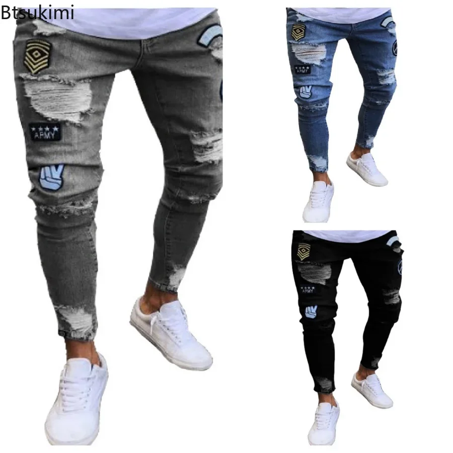 Jeans Pria Celana Denim Skinny Stretch Robek Lubang Lutut Celana Panjang Slim Fit Gaya Hip-Hop Musim Gugur Biru Hitam Solid S-4XL