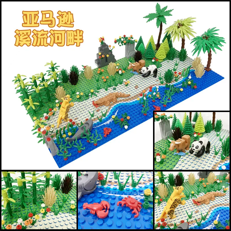 Creative MOC Small Granular Tropical Rainforest, Flower and Grass Forest Scenery Animal and Plant Models Compatible with LEGO