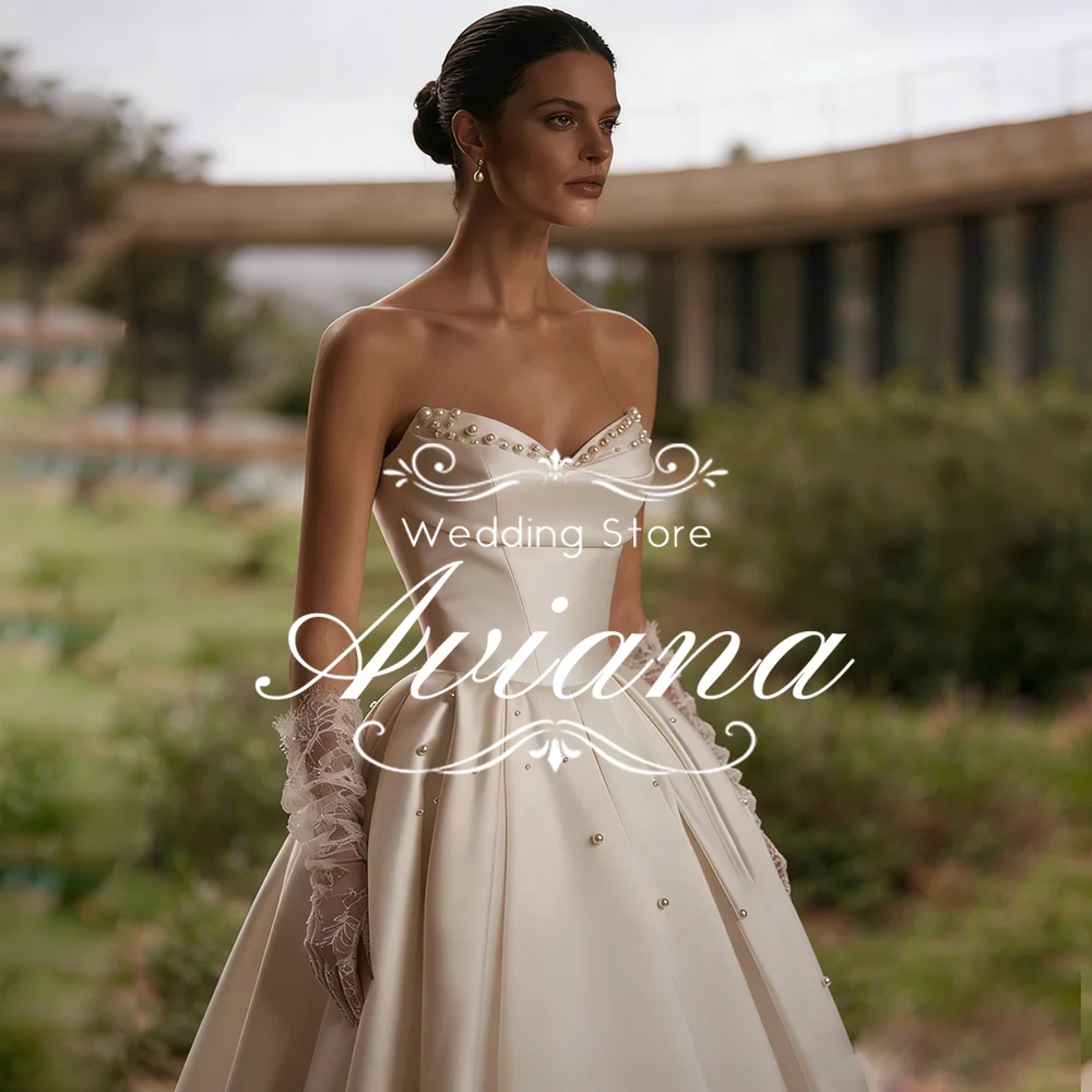 Aviana Pearls Sweetheart A-Line Wedding Dress Spaghetti Straps Sweep Train Sleeveless Bead Ruffles New Design Elegant Unique