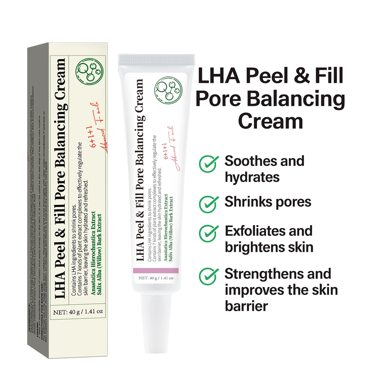 LHA Peel & Fill Pore Balancing Cream Shrinks Pores Exfoliates and Brightens Skin Hydrating Face Cream with Plant Extracts, 40g