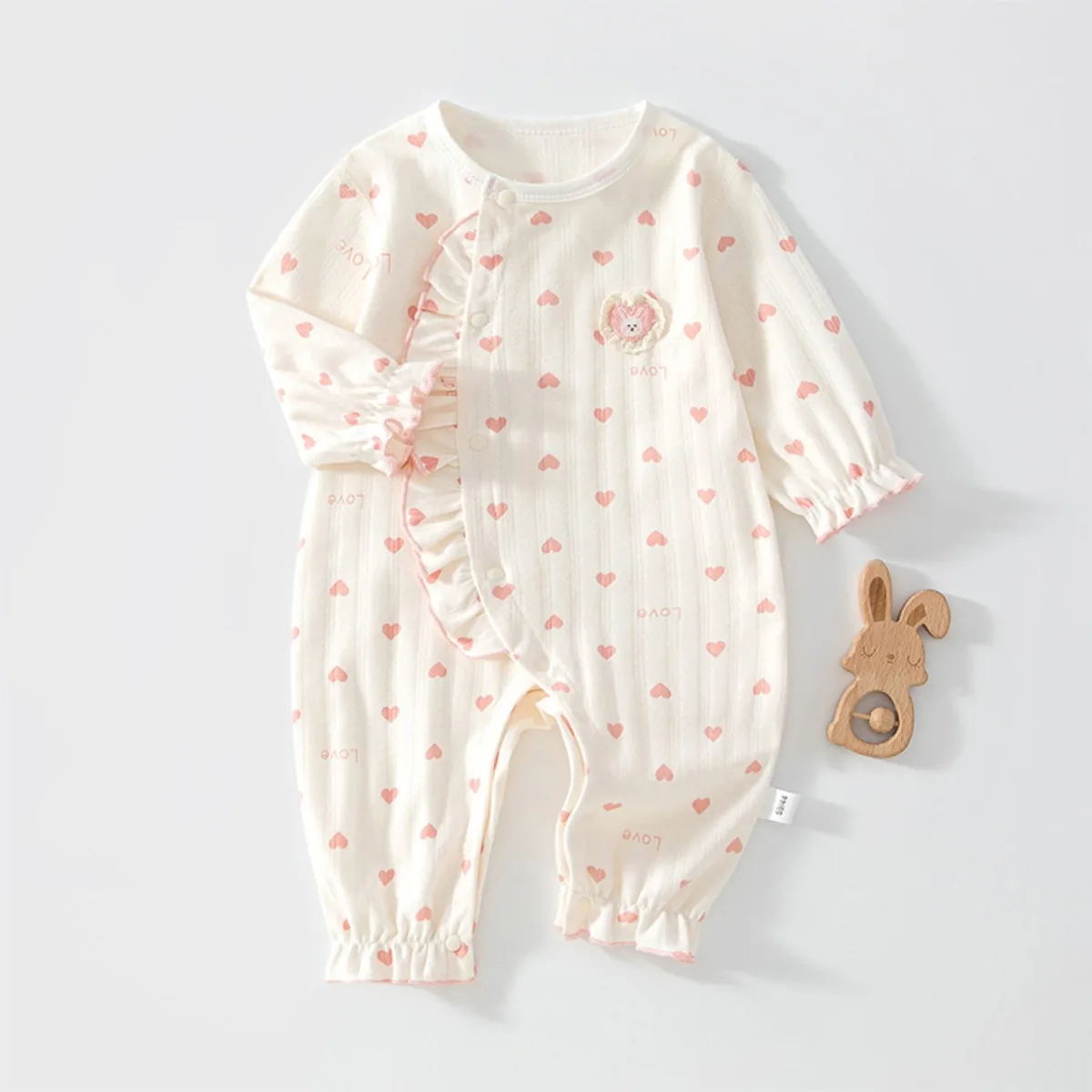 Princess Style Baby Romper with Ruffled Sleeve Soft Cotton Newborn Onesie Cute Heart Print Side Tie Bodysuit Spring Autumn 0-18M
