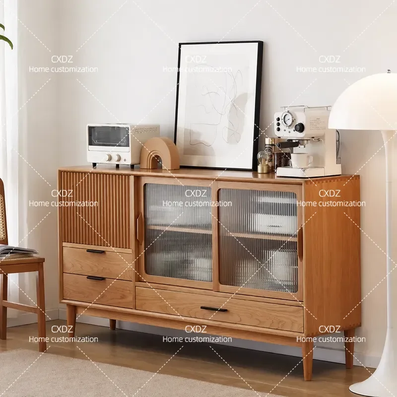 Nordic Solid Wood Dining Side Cabinet Simple Living Room Entrance Storage Cabinet Japanese Glass Tea Cabinet Locker