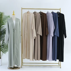 Elegant Relaxed-Regular-Fit Satin Dubai Abaya Ramadan Muslim Abaya-Slight Batwing Sleeves, Slit Cuffs, Side Pockets, Belt Front