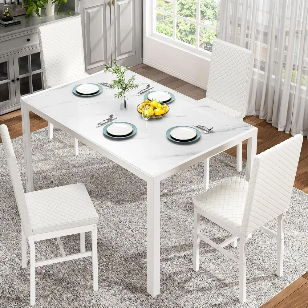 

Dining Table Set for 4, 5 Piece Dining Room Table & Chairs SetModern White Marble PU Leather Table Set for Dining Room