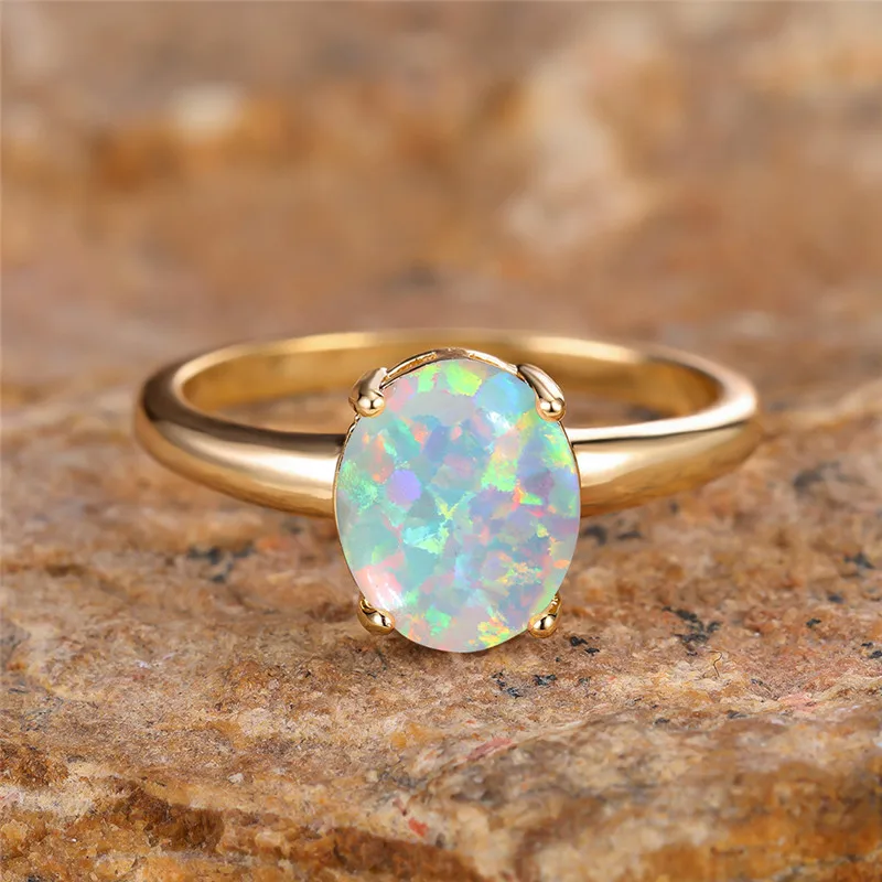 Cute Female White Fire Opal Stone Engagement Ring Yellow Gold Color Summer Wedding Jewelry For Women