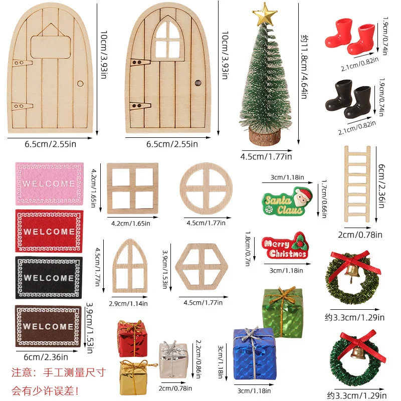 Mini Christmas Elf Door Set, Dollhouse Xmas Scene Kit with Tree & Gifts, Wooden Fairy Door DIY Decor, Micro Landscape Accessory
