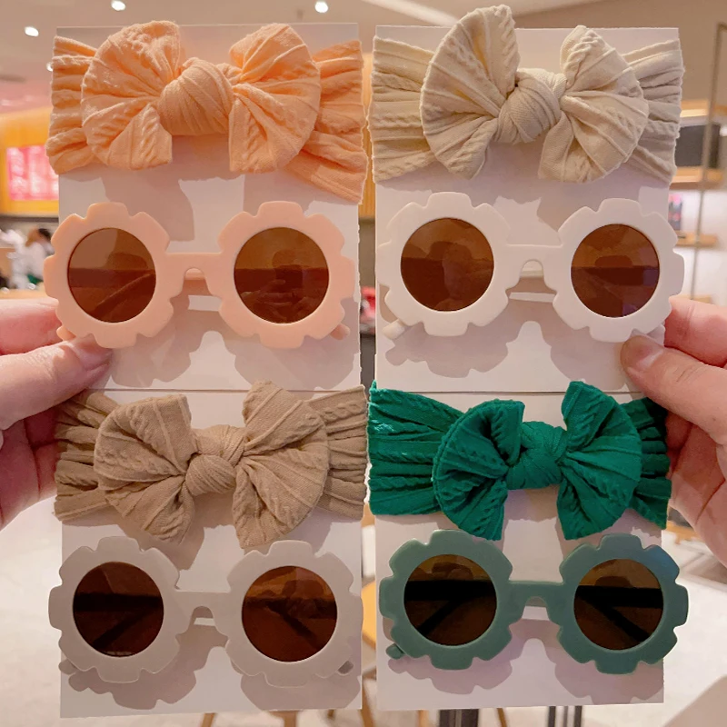 2Pcs/Set Boys Girls Fashion Square Edged Sunflower Sunglasses UV400 Colors Soft Bowknot Wide Hairbands Set Kids Hair Accessories