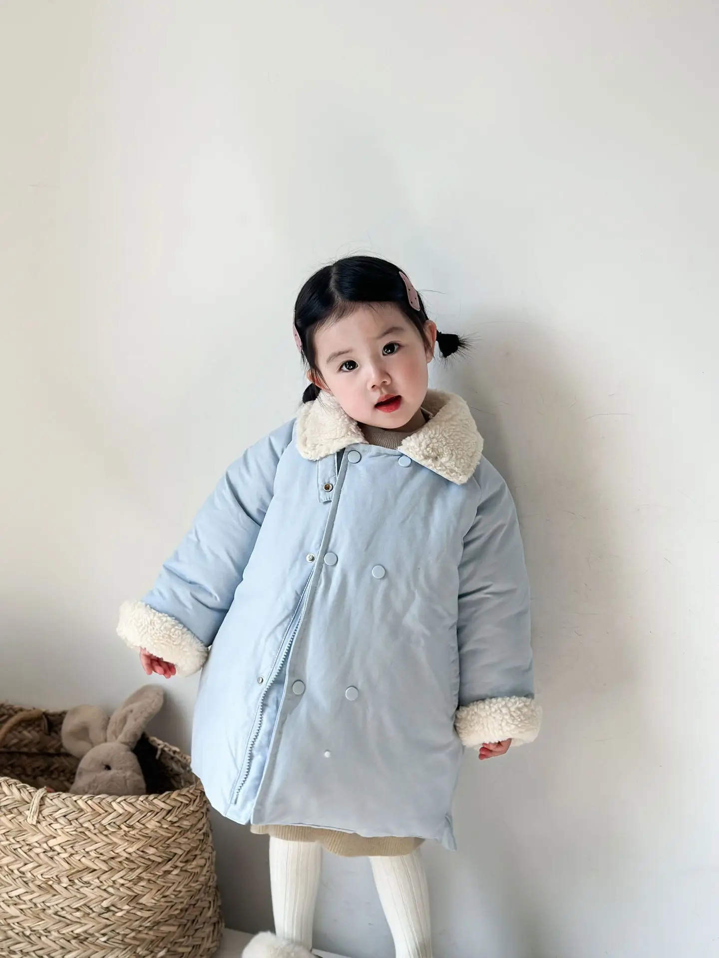 Girls Coat 2024 Winter New Childrens Wear Korean Style Girl Baby Foreign Warm Hair Collar Double Breasted Cotton-padded Jacket