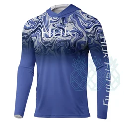 HUK Long Sleeve Fishing Shirts Men Outdoor UV Clothing Hooded Shirt Sunscreen Breathable Anti Mosquito Thin Fishing Jersey Pesca