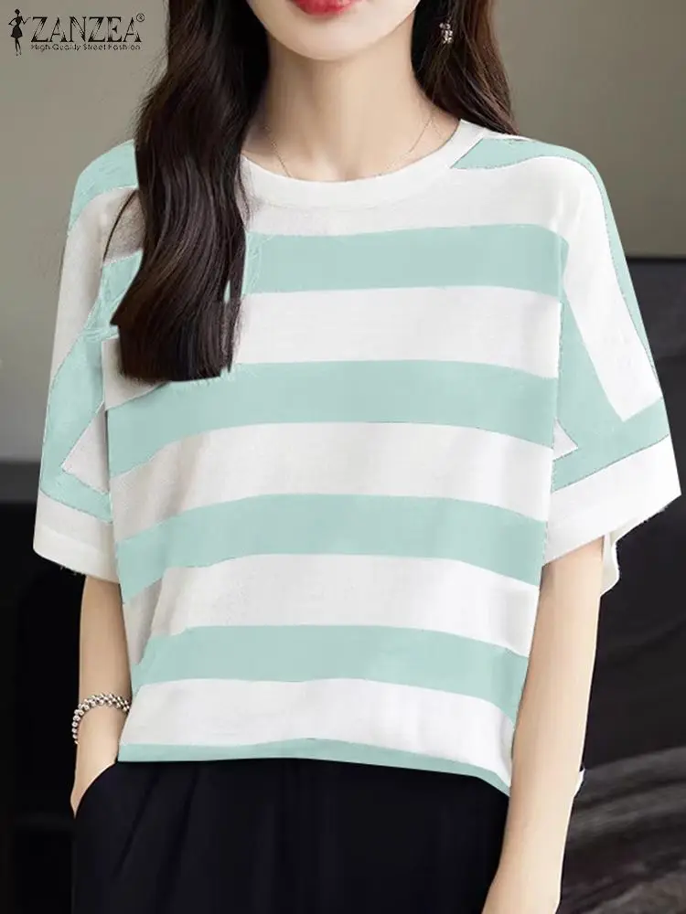 ZANZEA Women Striped T Shirt Summer Drop Shoulder Short Sleeve Round Neck Casual Loose Tops Plus Size