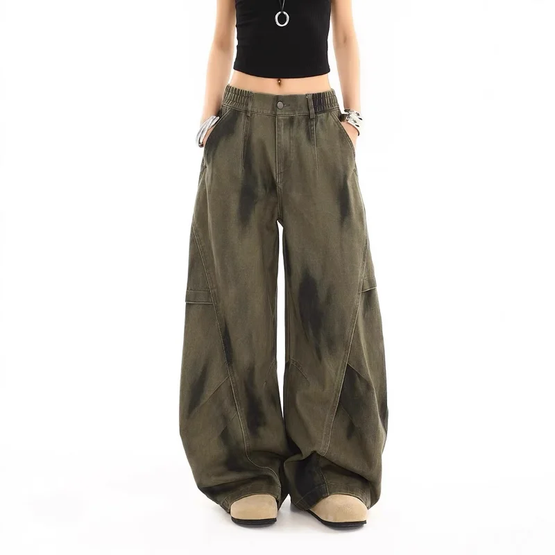 

Женские комбинезоны Scimitar, джинсы, американские ретро зауженные брюки, осенние мужские свободные широкие джинсовые брюки с граффити, армейские зеленые пары