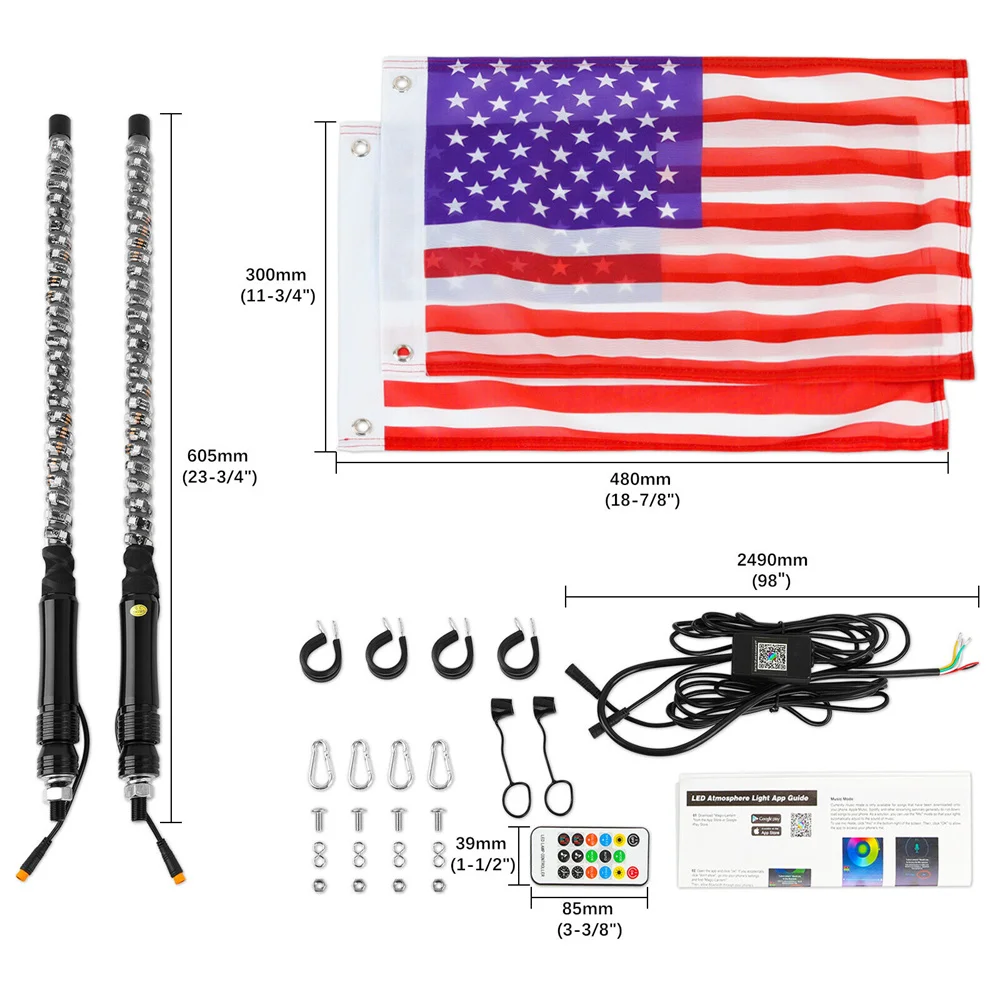 2FT RGB Flagpole Light Adjustable 20 Patterns Off-road Brake Light With Remote Control LED Beach Flag Ambient Decorative Lights