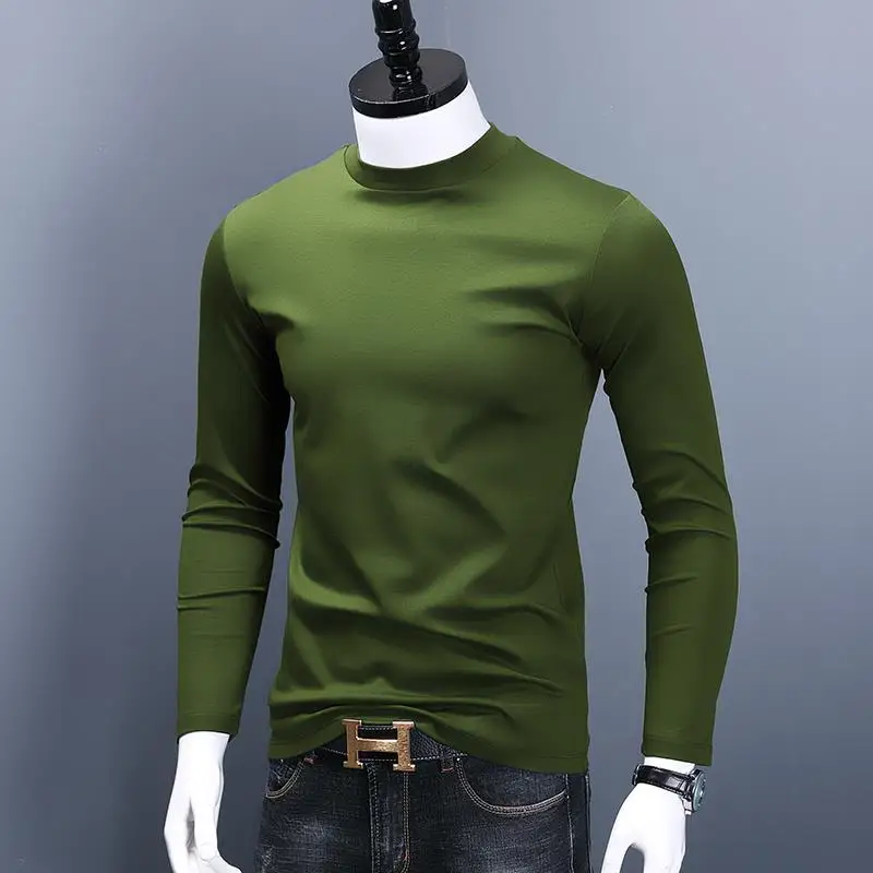 Fashion kaus pria, baju atasan lembut lengan panjang Slim Fit musim gugur dan musim dingin Turtleneck polos