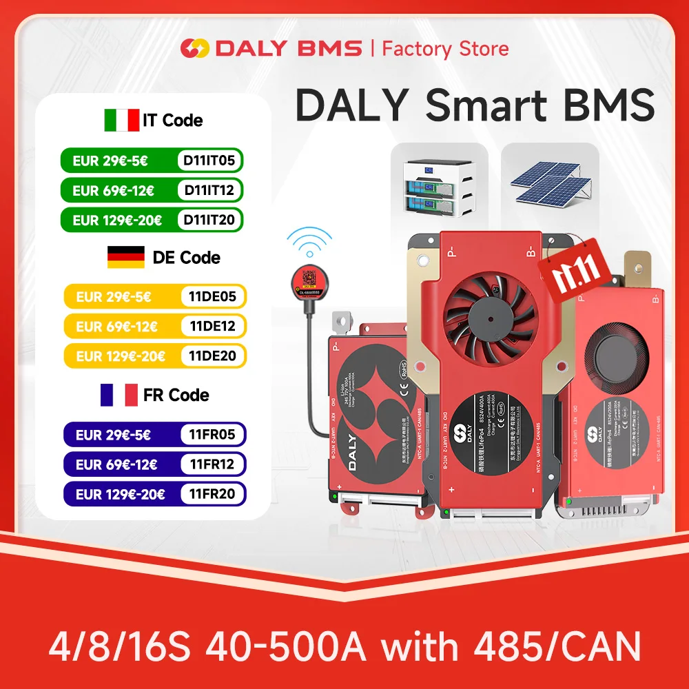 Daly Smart Lifepo4 BMS Board 4S 12V 8S 24V16S 48V 3.2V 100A 60A BMS for 18650 BATTERY PACK BT UART RS485 CANBUS Communication