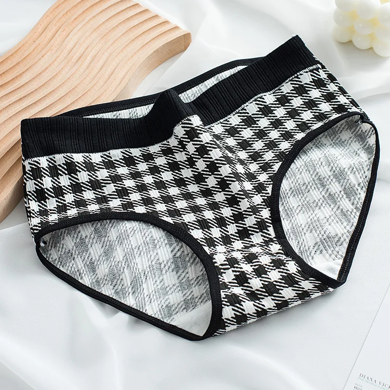 Women\'s Cotton Underwear Girls Cute Plaid Briefs Fashion Black White Plaid Printing Panties Mid Waist Seamless Underpants M-XL