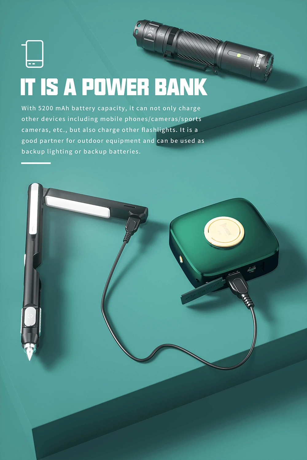 WUBEN F5 wiederaufladbare Campingleuchte, 500 Lumen, multifunktionale, wasserdichte, tragbare Außenleuchte mit mobilen Powerbank-Funktionen – Detail 6