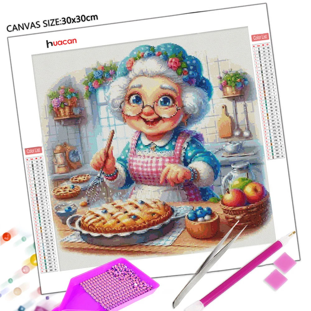 Huacan Cartoon 5D Diamond Painting Amazing Grandma Cooking DIY New Arrival Full Square Round Mosaic Rhinestones Set Wall Decor