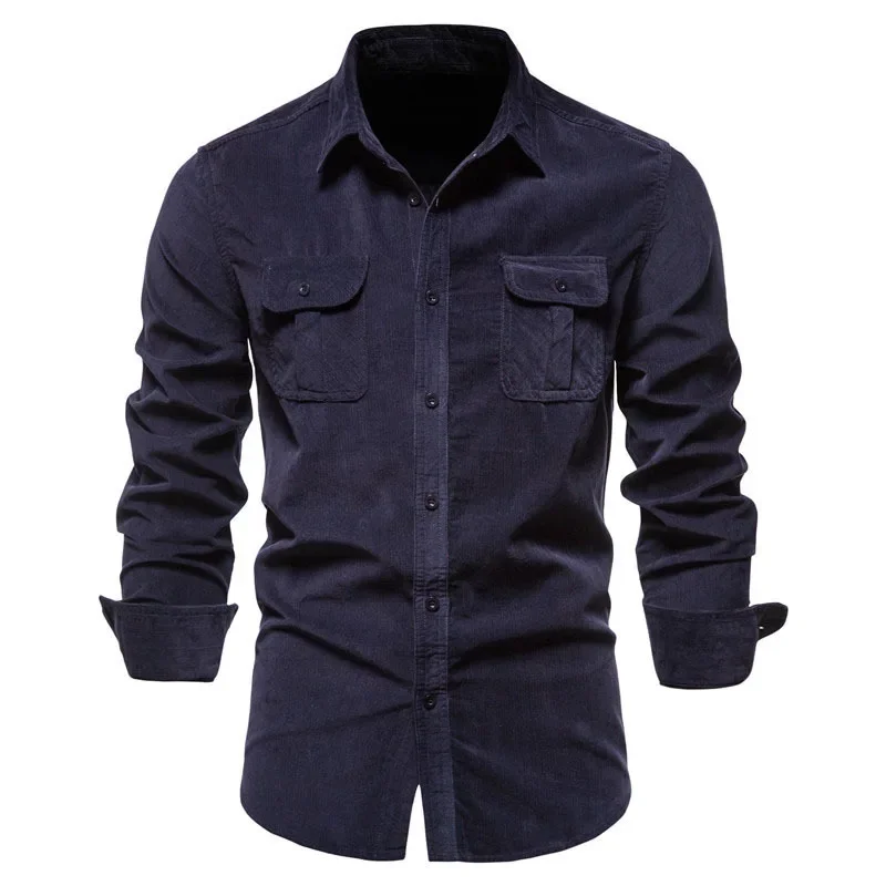 Camisa de pana de un solo pecho para hombre, Camisa ajustada de 2023 algodón, informal de negocios, a la moda, de Color sólido, para otoño, novedad de 100%