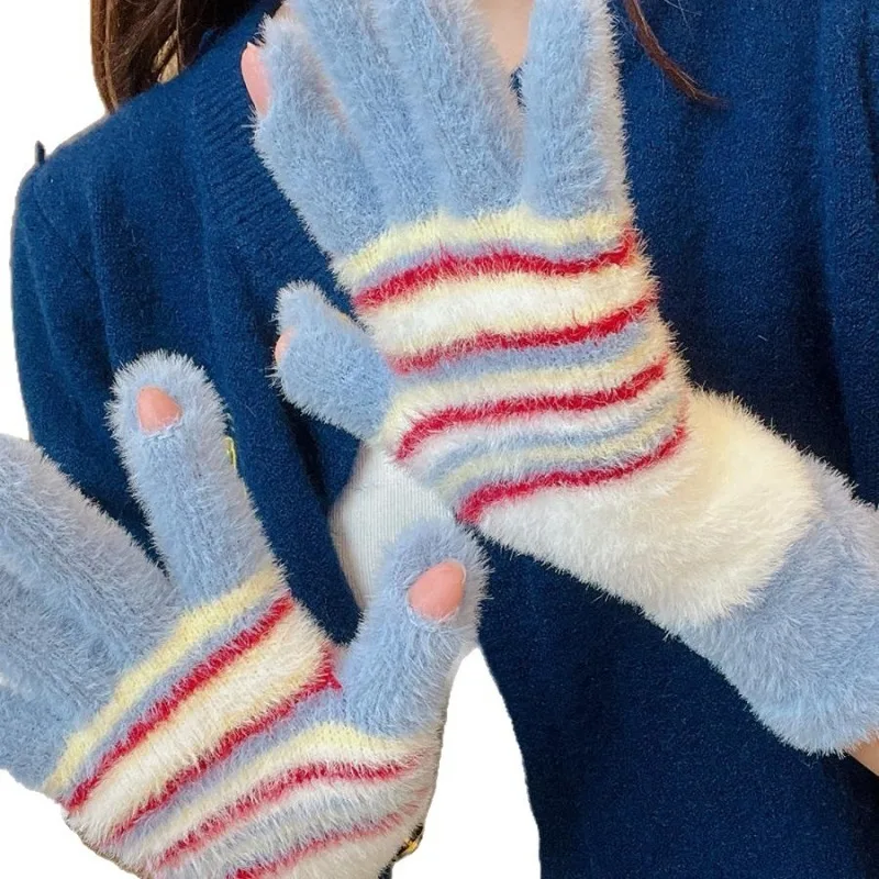 Women Color Block Striped Fuzzy Knit Winter Gloves Long Cuff Warm Thermal Soft Fluffy Full Finger Cold Weather Touch Screen