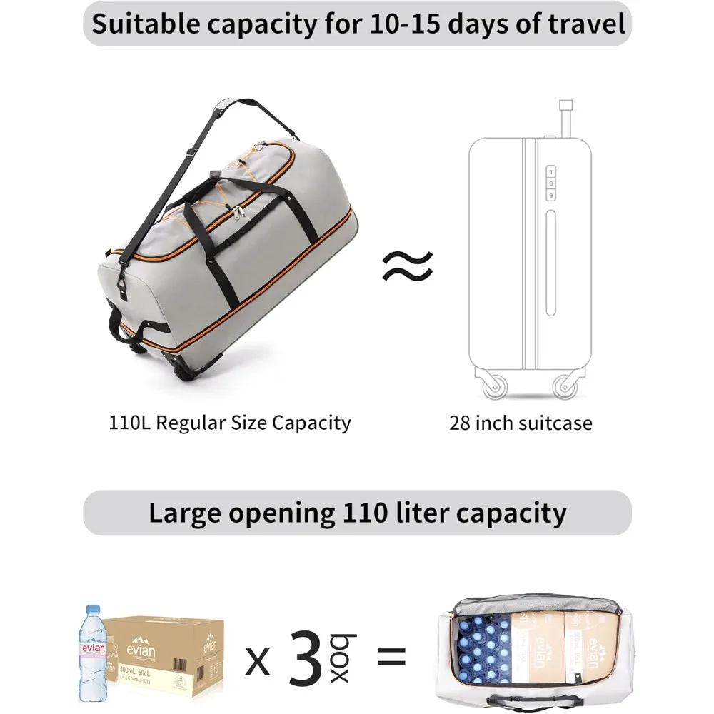 حقيبة واق من المطر قابلة للتوسيع من 110 لتر إلى 140 لتر مع عجلات مضمنة، حقيبة سفر قابلة للتحويل في عطلة نهاية الأسبوع، نظام سلك بنجي، سعة كبيرة #5