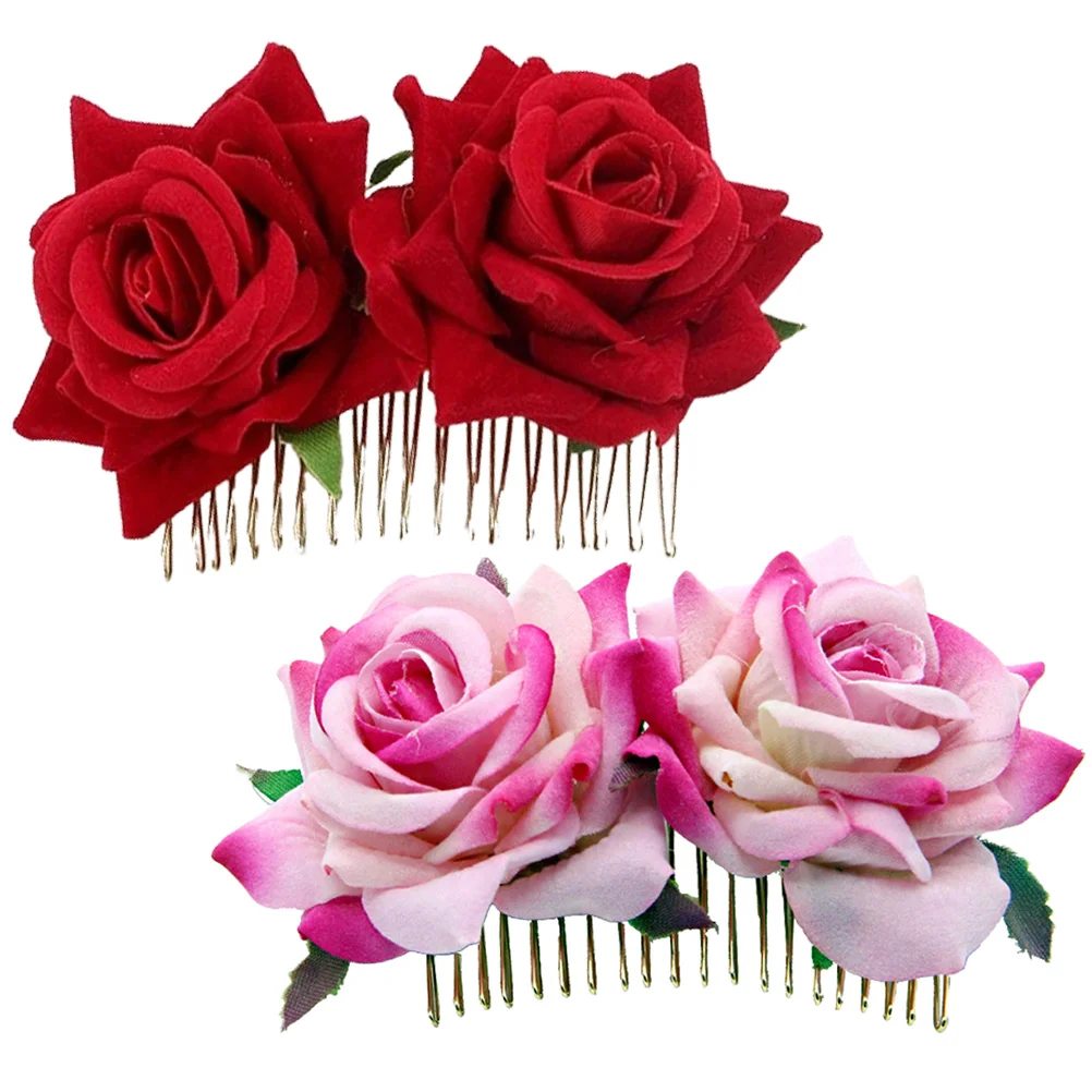 

2pcs Rose Combs Bridal Bridal Hair Comb Bride Rose Hair Comb Wedding Party Accessories Floral Decorative Hairpins