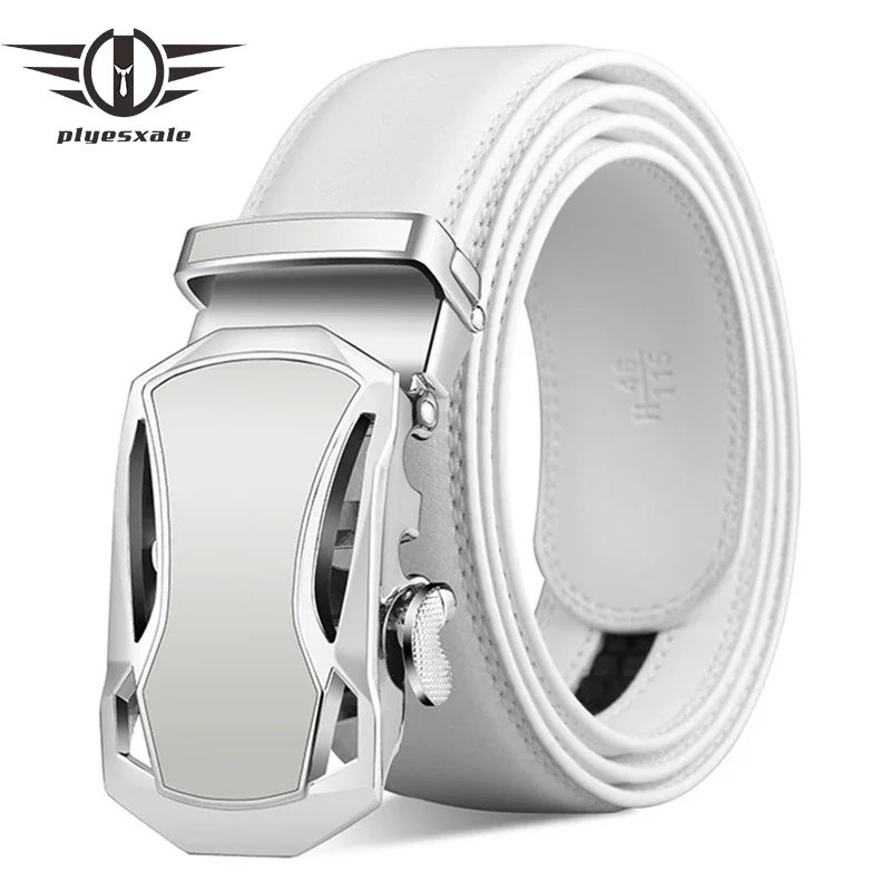 Plyesxale Black Coffee White Belt Men High Quality Mens Belts Luxury Genuine Leather Ratchet Belt For Men Ceinture Homme B1291