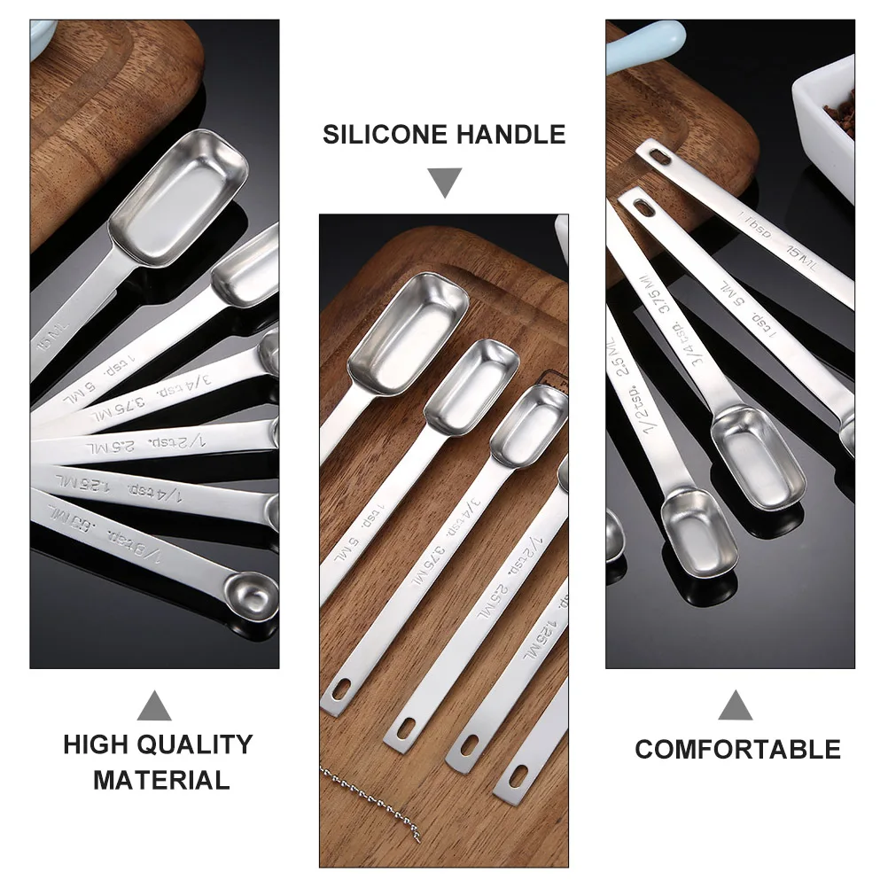 

6pcs Stainless Steel Measuring Spoons Square Head Seasoning Spoon Set Kitchen Tools Lightweight Long Handle Ring Design