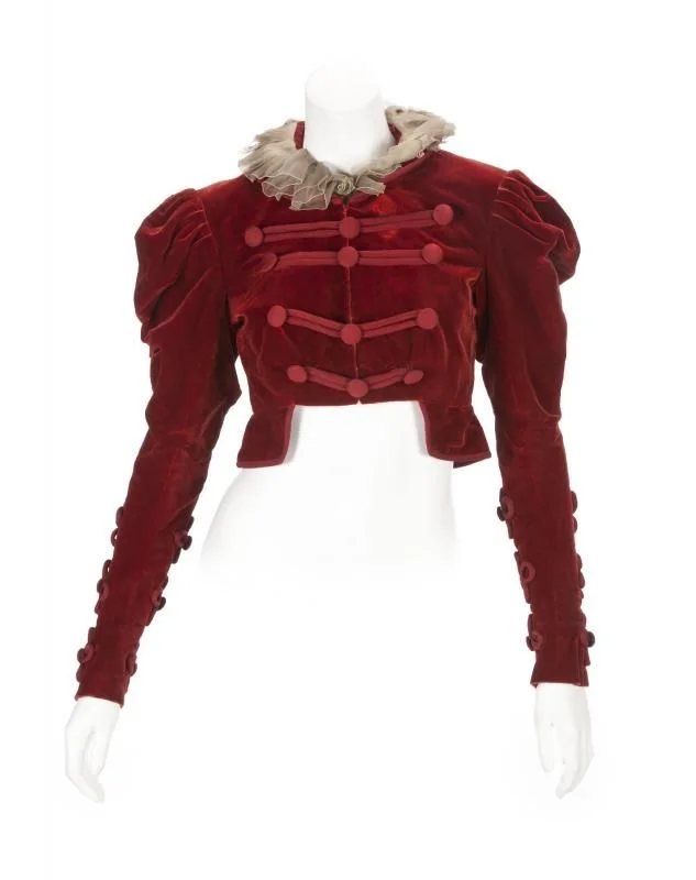 Disfraz de Nina Maria, abrigo Spencer de manga larga abullonada para mujer, abrigo Regency de terciopelo rojo Vintage hecho a medida