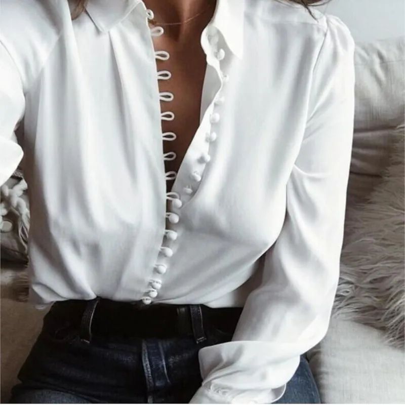 

Women's Basic Solid Color Irregular V-neck Sexy Long-sleeved Versatile Shirt Urban Office Casual Professional Classic Shirt