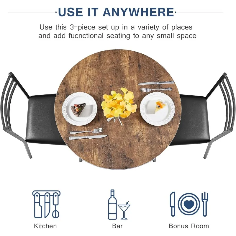 Round Dining Room Table with Wood Grain Tabletop and Steel Frame, for Kitchen, Living Room, Office, Conference, 2 to 4 Person,