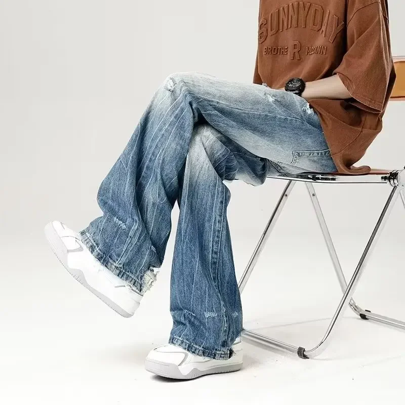 

Jeans Men Do Old Gradient Color Hole Hip Hop Full Length European Style All-match Streetwear Washed Denim Trousers Autumn Daily