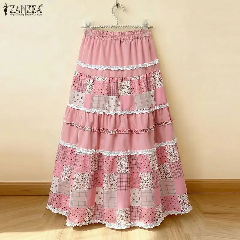 ZANZEA Fashion Oversized Women Skirts High Waist Print Patchwork Long Maxi Bottoms Casual Loose Elastic Waist Jupes Faldas Saia