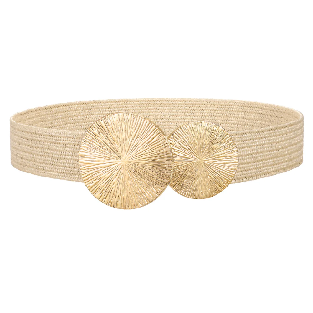 

Women's Woven Straw Elastic Belt, Boho Rattan Waist Belt with Gold Buckle for Summer Dresses