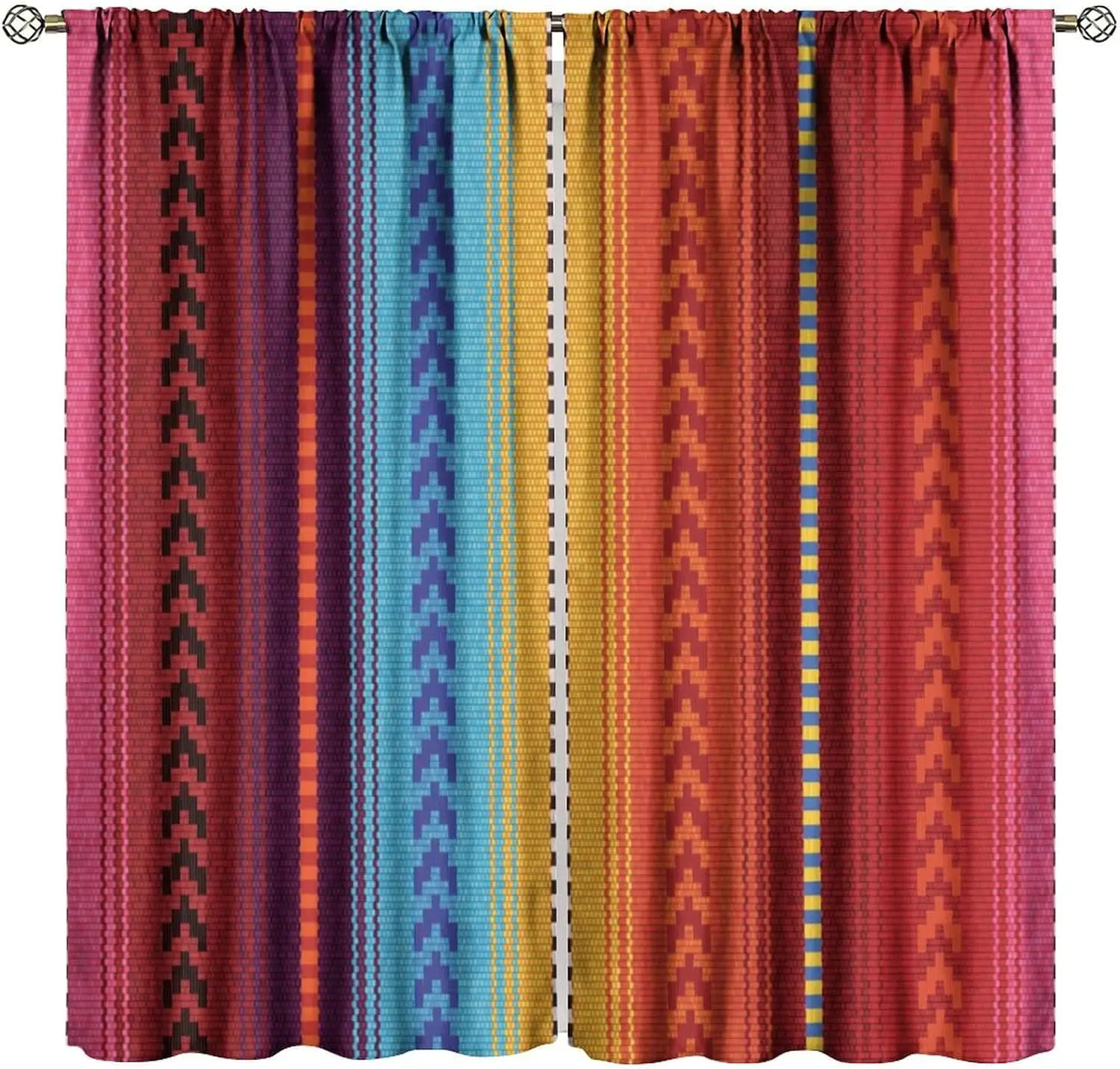 Mexican Curtain, Mexican Colored Striped Fabric Ethnic Design Drapes Bedroom Living Room Rod Pocket Window Treatment 2 Panel Set