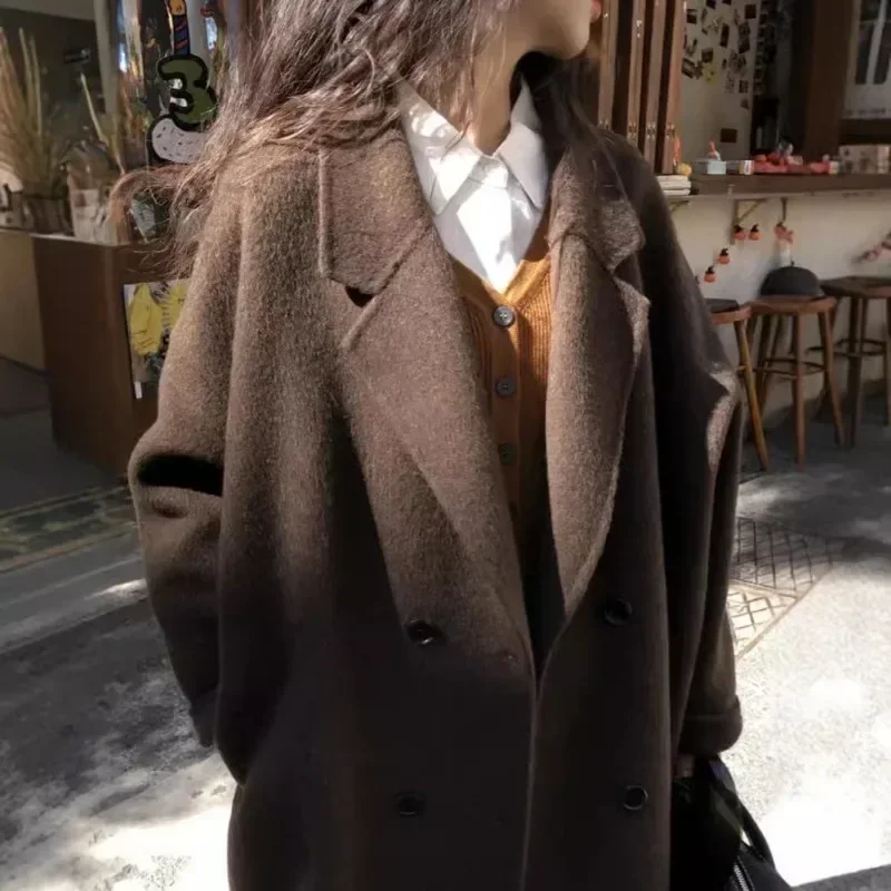 2024 new Women Wool Blend Coat Solid Mid Long Woolen Blazer Thick Warm Blouse Women's Overcoat Office Lady Tops Autumn Winter