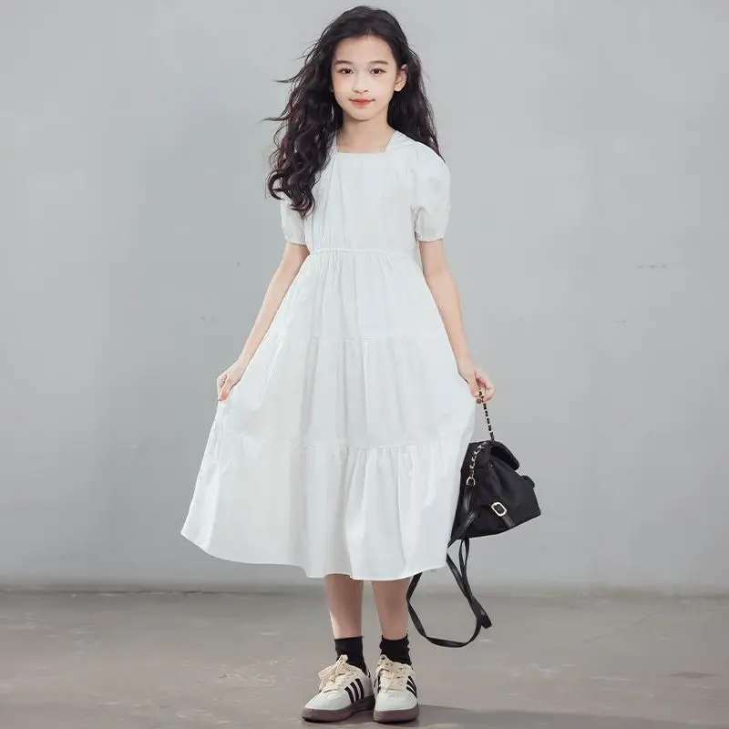 2024 summer princess white dress boat neckline short sleeve backless loose kids children toddler teen 5 6 8 to 9 10 11 12 years