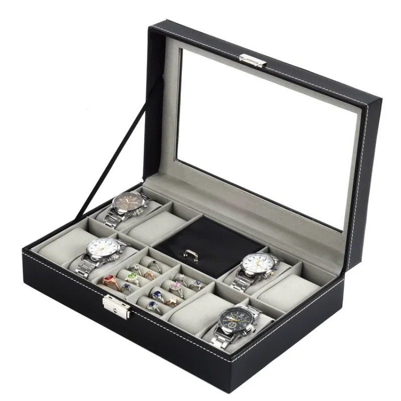 8-position watch 2 grid ring 1 space gray velvet cover window transparent glass one-line lock key jewelry box
