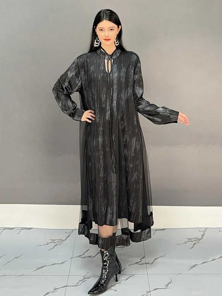 SHENGPALAE Casual V Neck Dress Women Full Sleeve A Line Irregular Hem New 2024 New Loose Female Fashion Long Dresses 5C1560