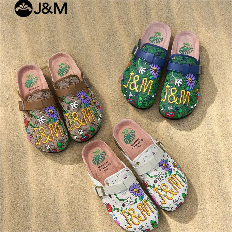 J&M Fashion Women Slides Cartoon Sunflower Mules Letters Buckle Slippers Beach Sandals Outdoor Beach Slides Home Casual Shoes