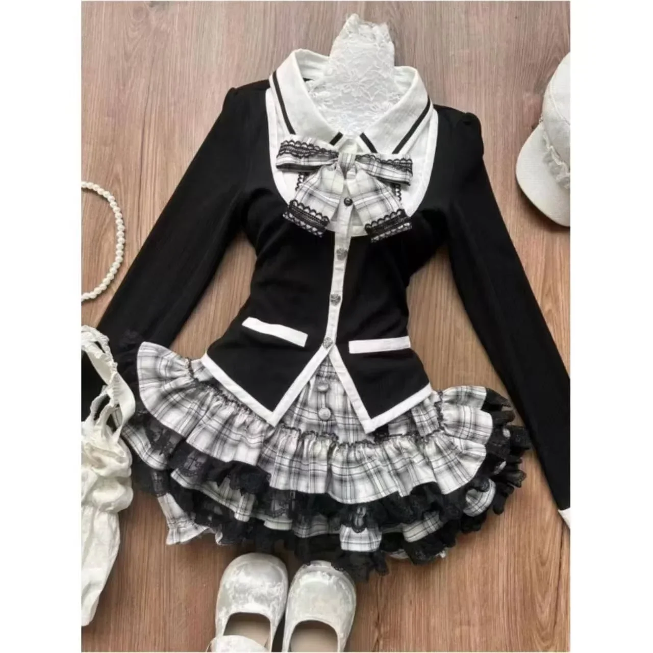 Платье Лолиты Harajuku Sweet Lolita Dress Set Женский кардиган с оборками Y2k Корсет Жилет Мини-юбка Корейский винтажный костюм из трех предметов