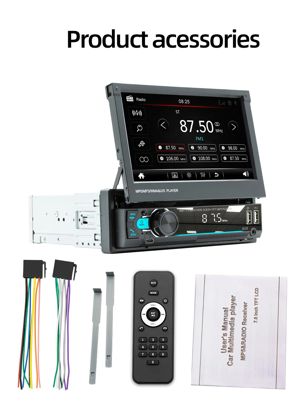 ESSGOO راديو ستيريو للسيارة قابل للطي مقاس 7 بوصات وشاشة لمس واحدة 1 Din Android Auto وApple CarPlay 2USB/Bluetooth/AUX-IN/SWC مشغل MP5 #6