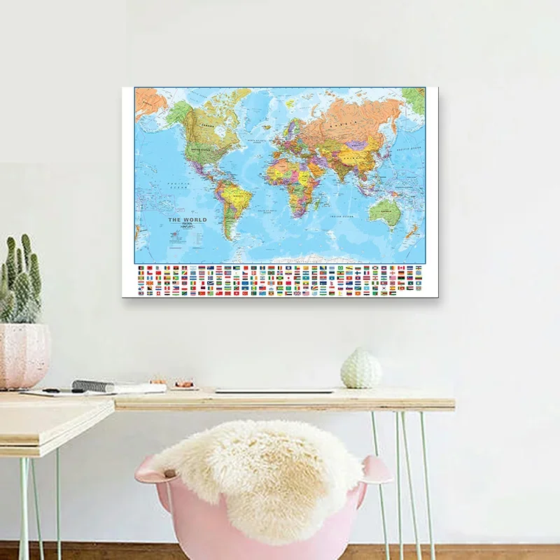 Mapa świata w języku angielskim obraz na płótnie plakat ścienny wystrój sztuka biuro szkolne Home Vintage Decoración 60*40cm