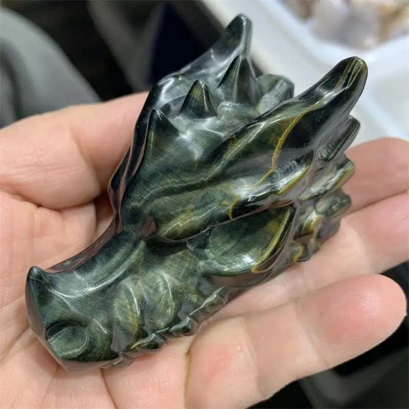 7cm Natural Hand-carved Blue Tiger Eye Stone Dragon Skull Carving Family Decoration Collection Gifts