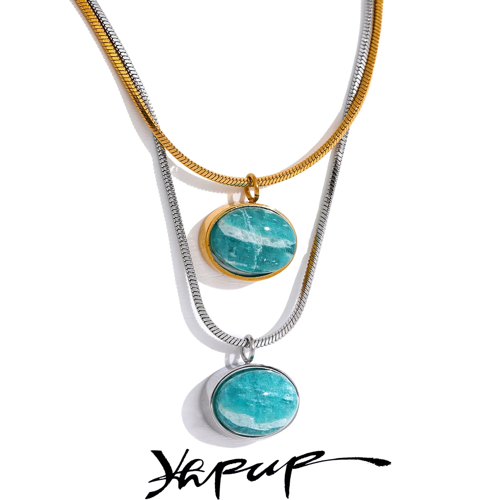 Yhpup Natural Stone Pendant Necklace Amazonite Exquisite Gold Silver Color Waterproof Stainless Steel Chic Fashion Jewelry