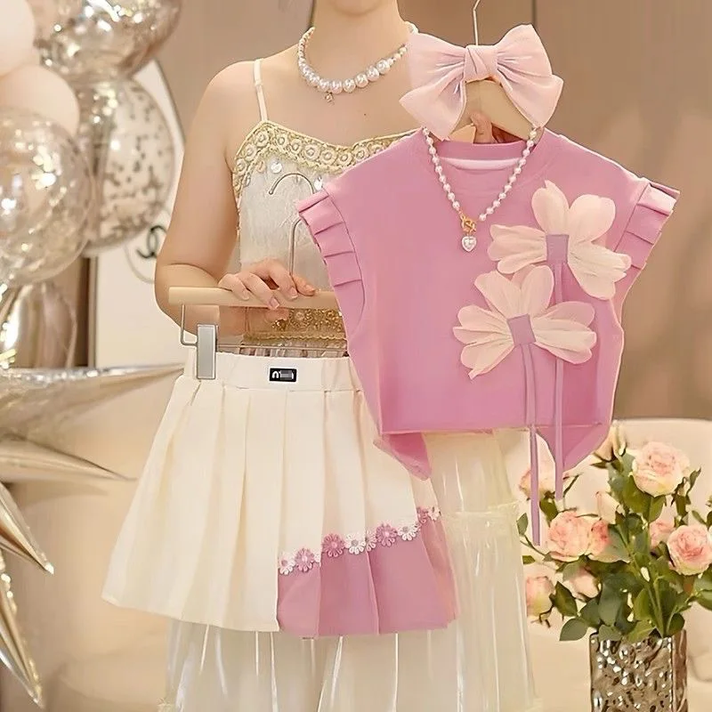 2026 Summer Color Blocked Girls Clothes Flower Decoration Sleeveless Top + Pleated Skirt Sweet and Cute Children's Class Uniform