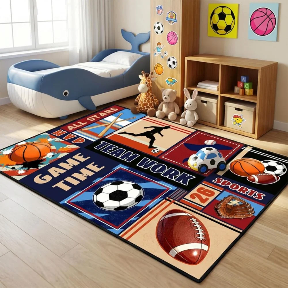 VIKAMA Sports Theme Play Mat Children's Room Playroom Crawling Mat Non-Slip Wear-Resistant Bedroom Carpet Home Decor