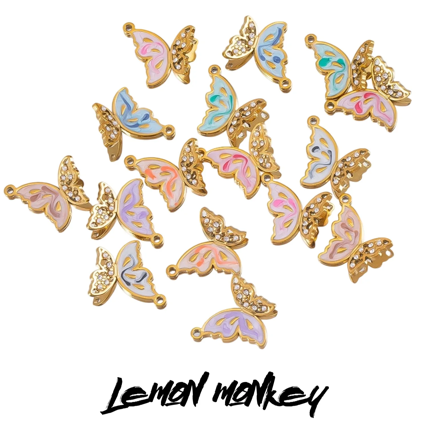 

2pcs Dopamine butterfly diy charms stainless steel Zircon asymmetrical animal pendant For Jewelry Making Supplies wholesale