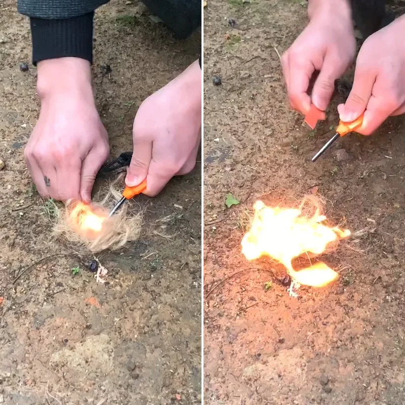 Outdoor Survival Flint Fire Starter with Wood Handle, Multi-Tool Magnesium Rod - Luminous Waterproof Camping Fire Stick