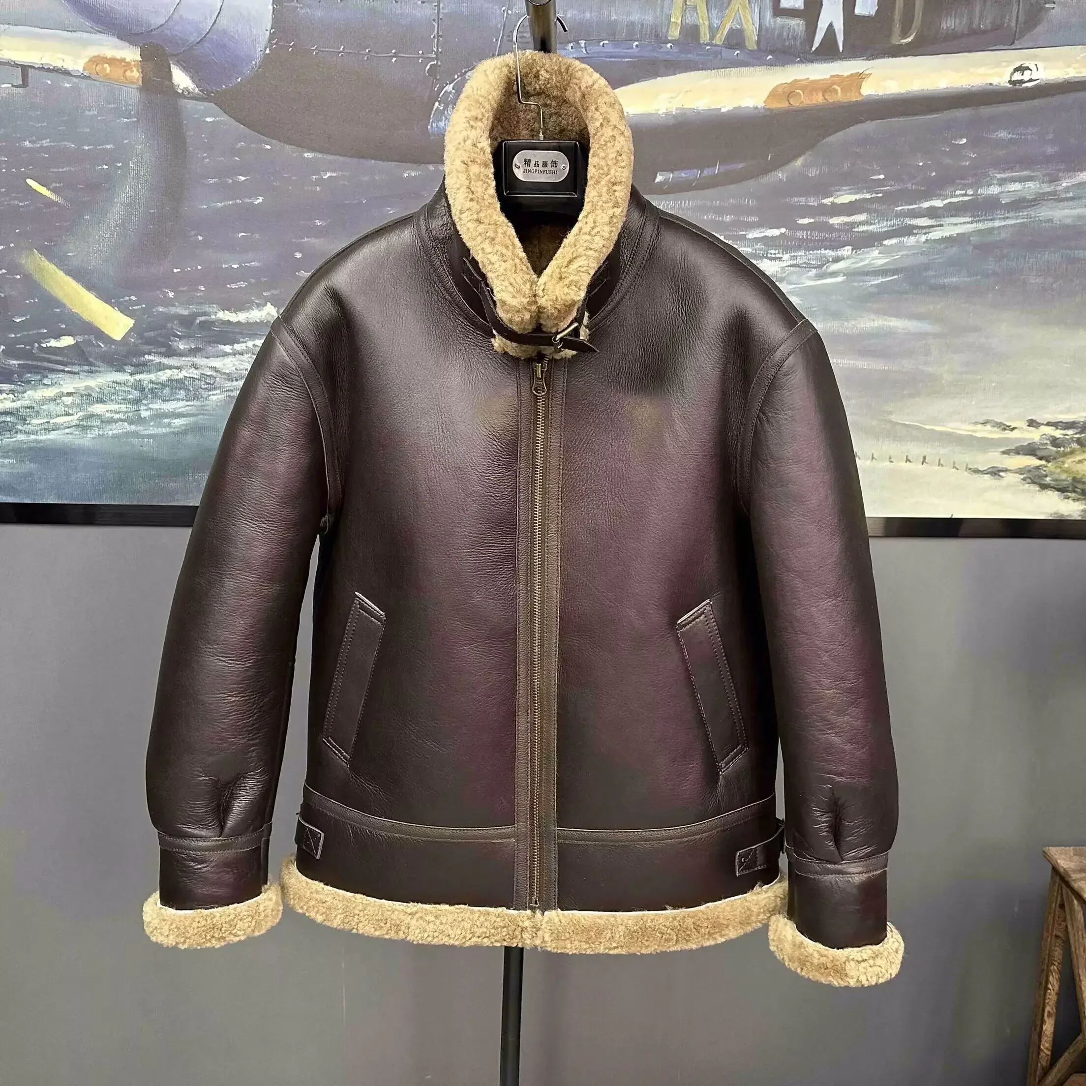 2024 New Winter Coat Male Pilot Jacket Genuine Sheepskin Leather Shearling Thick Wool Lining Brown Plus Big Size 5xl 6xl 7xl 8xl